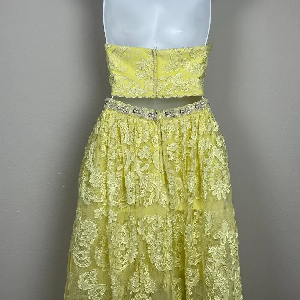 Sherri Hill 2‎ Piece Formal Dress Yellow Lace Beaded Halter Y2K Fairycore Sz 6